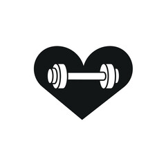 Dumbbell inside the heart. Vector illustration, flat minimal design, isolated on white background. Black silhouette, eps 10. Concept: sport, health, workout, fitness.