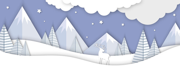 Winter landscape with deer paper cut-out and fir trees in snow. Festive horizontal banner with text Merry Christmas, Village and flying santa's sleigh in night sky with stars, snowfall and moon.