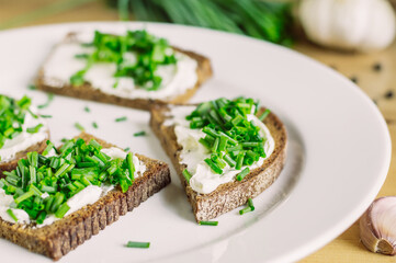Fototapeta na wymiar rye bread sandwiches with fresh cheeses and green onions