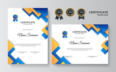 Appreciation and achievement certificate template design in two options. Set certificate template with dynamic and futuristic polygonal color and modern background with gold badge and border