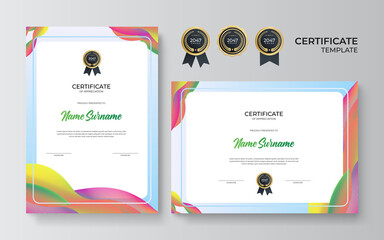 Appreciation and achievement certificate template design in two options. Set certificate template with dynamic and futuristic polygonal color and modern background with gold badge and border