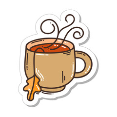 Colorful hand-drawn hygge sticker with a cup of hot tea in doodle style isolated on white background. Cute vector for seasonal decoration.