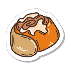 Colorful hand-drawn hygge sticker with a cinnamon bun in doodle style isolated on white background. Cute vector for seasonal decoration.