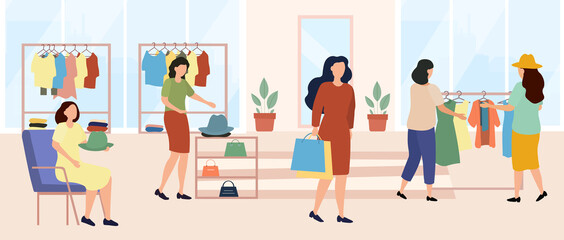 Women choosing clothes. Female shoppers in clothing store creating image. Fashion, trendy. People swapping stuff, shoes, accessories. Cartoon flat vector illustration isolated on white background - obrazy, fototapety, plakaty