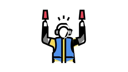 airport employee direct plane to runway animated color icon. airport employee direct plane to runway sign. isolated on white background