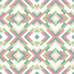 Abstract seamless pattern. Vector geometric background of triangles in green, rose and white colors. Mosaic texture for textile, clown, carpeting, warp, book cover, clothes