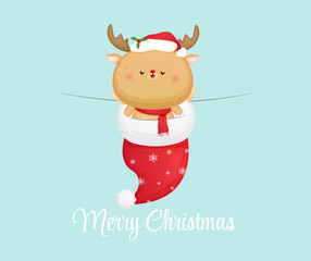 Fototapeta na wymiar Cute christmas reindeer with santa hat for merry christmas illustration Premium Vector