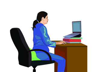 Portrait of young beautiful Caucasian girl woman student in pajamas shirt working on laptop computer