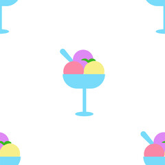 Ice cream in a beaker with a spoon.  Seamless pattern on a white background for wallpaper, wrapping, packing, and backdrop.