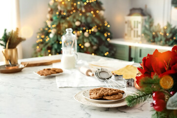 Christmas cookies on holiday decorated kitchen. New year background