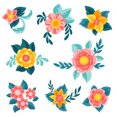 Obraz premium Set of pretty flowers. Beautiful decorative natural buds and leaves.