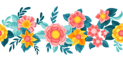 Seamless pattern with pretty flowers. Beautiful decorative natural buds and leaves.