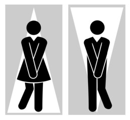 Toilet pictograms for girls and boys. Funny toilet couple signs, desperate pissing women man toilet symbols, funny bathroom door signs, public restroom humor urgent vector silhouettes