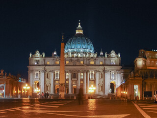 Night view of The Papal Basilica of Saint Peter in the Vatican