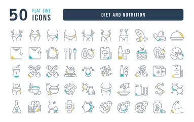 Poster Diet and Nutrition. Collection of perfectly thin icons for web design, app, and the most modern projects. The kit of signs for category Medicine. © M.Style
