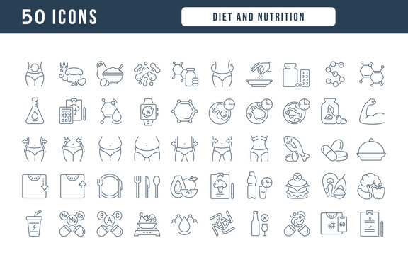 Diet and Nutrition. Collection of perfectly thin icons for web design, app, and the most modern projects. The kit of signs for category Medicine.