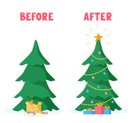 Christmas tree before and after decorating with balls, beads, garlands. Preparing for holiday celebration. Vector illustration in flat style.
