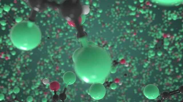 Pentachlorophenol molecule, isolated molecular model. Looping 3D animation or motion background