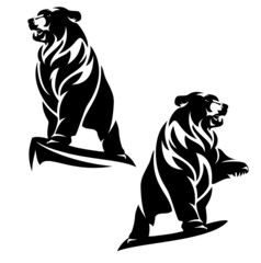 majestic bear standing on cliff top with one paw up in the air - black and white vector outline of wild animal - obrazy, fototapety, plakaty