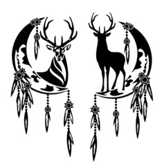 standing deer stag and crescent moon - tribal style feathered dream catcher with wild animal spirit black and white vector design set