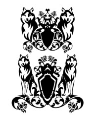 pair of standing wolves with heraldic shield decorated with rose flowers - medieval style fantasy coat of arms black and white vector silhouette design set