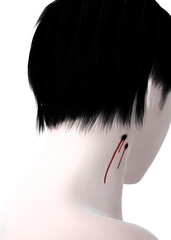 Blood dripping down the neck of pale skin dark haired woman. The latest victim of the vampires bite. 