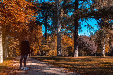 Woman on her back in a park in autumn. Selective focus.