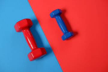 Red and blue dumbbells on an inverted diagonal background. Sport and fitness equipment, dumbbells
