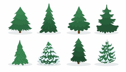 Pine tree flat style set. Cartoon pines collection. Christmas tree icon for banner, card, print, logo, poster, web, eco. Green trees decorative icons set on white background. Vector illustration.