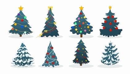 Christmas tree icon set with garland, stars, bows, snow and light bulb. New Year vector illustration. Flat style Xmas pines icon with ornaments for greeting card, banner, invitation, web, print etc.