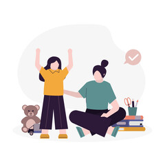 Happy nanny rejoices in child's success. Cartoon mother sitting and playing with daughter. Female character taking care of little kid