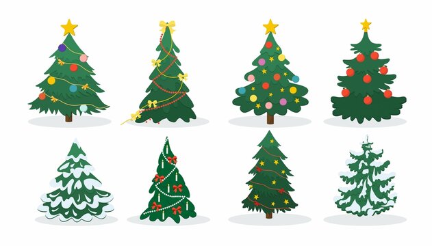 Christmas tree collection. Modern Xmas flat design vector illustration. New year pines decorated with snow, garland, candle, bow, ornaments. Cartoon Christmas tree set for greeting card, banner, web
