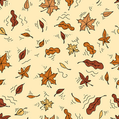 Fototapeta premium vector seamless doodle pattern with autumn leaves on a yellow background. Theme of the season. Design for banner, background for social networks, textiles, t-shirts, gift wrapping, wallpaper