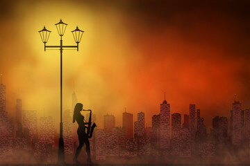 silhouette of a woman with a saxophone in the light of an old lantern on the background of the city