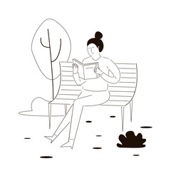 Relaxed doodle woman sitting and reading book on bench. Concept of calm spending time, recreation and vacation. Female vacationer read paper book