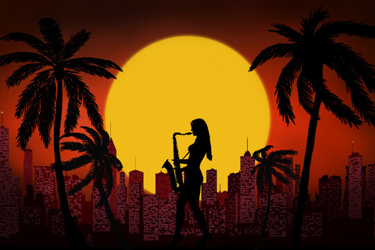 silhouette of a woman with a saxophone on the background of the city, palm trees and the evening sun