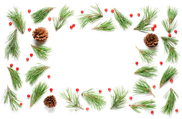 Naklejka na ściany i meble Christmas composition on a white background. Pine branches and cones. Flat lay, top view, copy space.