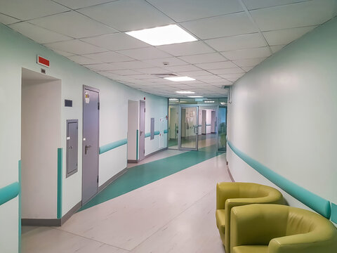 A bright corridor without people in a newly renovated hospital