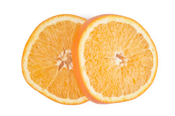 Sliced circles of orange citrus fruit isolated on white background, clipping path