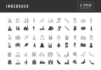 Innsbruck. Collection of perfectly simple monochrome icons for web design, app, and the most modern projects. Universal pack of classical signs for category Cities and Countries.