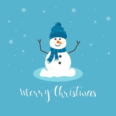 Cheerful christmas snowmen with different presents. Funny snow man wearing hat, scarf with tree. Festive happy xmas holiday cute character, flat vector cartoon.