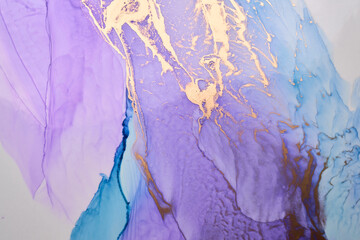 Luxury abstract background in alcohol ink technique, purple gold liquid painting, scattered acrylic blobs and swirling stains, printed materials