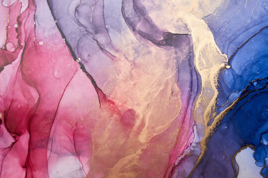 Luxury colorful abstract background in alcohol ink technique, golden liquid painting marble texture, scattered acrylic blobs and swirling stains, printed materials