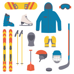 Winter sport equipment set. Winter sport collection. Elements for skiing, ice skating, snowboarding and hockey. Flat style.