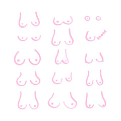 Different types of hand drawn breasts. Boobs set. Pink marker pen. Vector illustration, flat design