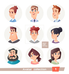 Collection of avatars, people. A set of user faces for a web forum or account. Icons of men and women.