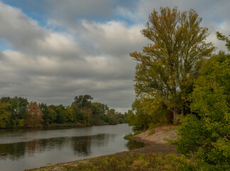 River Labe near central Bohemian town Kolin in autumn color morning