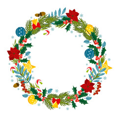 Christmas wreath of mistletoe, Christmas star flower, fir tree with bell and Christmas decorations, lollipops. Suitable for posters, banners, cards, invitations, etc.