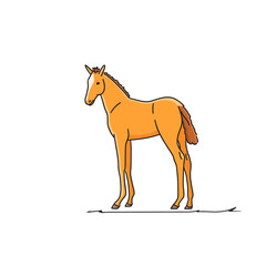 Cute red foal, standing quietly, side view, vector graphics