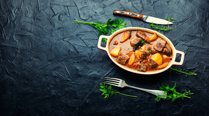 Stew with veal and mushrooms,space for text - obrazy, fototapety, plakaty